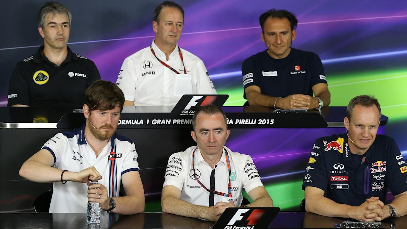 (L to R): Nick Chester (GBR) Lotus Technical Director, Jonathan Neale (GBR) McLaren Managing Director, Giampaolo Dall'ara, Sauber Head of Track Engineering, Rob Smedley (GBR) Williams Head of Vehicle Performance, Paddy Lowe (GBR) Mercedes AMG F1 Executive Director (Technical) and Paul Monaghan (GBR) Red Bull Racing Chief Engineer in the Press Conference at Formula One World Championship, Rd5, Spanish Grand Prix Practice, Barcelona, Spain, Friday 8 May 2015. © Sutton Motorsport Images