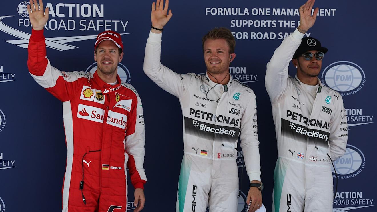 (L to R): Sebastian Vettel (GER) Ferrari, pole sitter Nico Rosberg (GER) Mercedes AMG F1 and Lewis Hamilton (GBR) Mercedes AMG F1 celebrate in parc ferme at Formula One World Championship, Rd5, Spanish Grand Prix Qualifying, Barcelona, Spain, Saturday 9 May 2015. © Sutton Motorsport Images