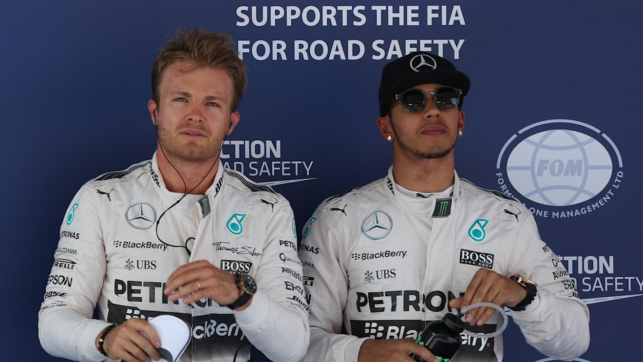 Pole sitter Nico Rosberg (GER) Mercedes AMG F1 and Lewis Hamilton (GBR) Mercedes AMG F1 in parc ferme at Formula One World Championship, Rd5, Spanish Grand Prix Qualifying, Barcelona, Spain, Saturday 9 May 2015. © Sutton Motorsport Images