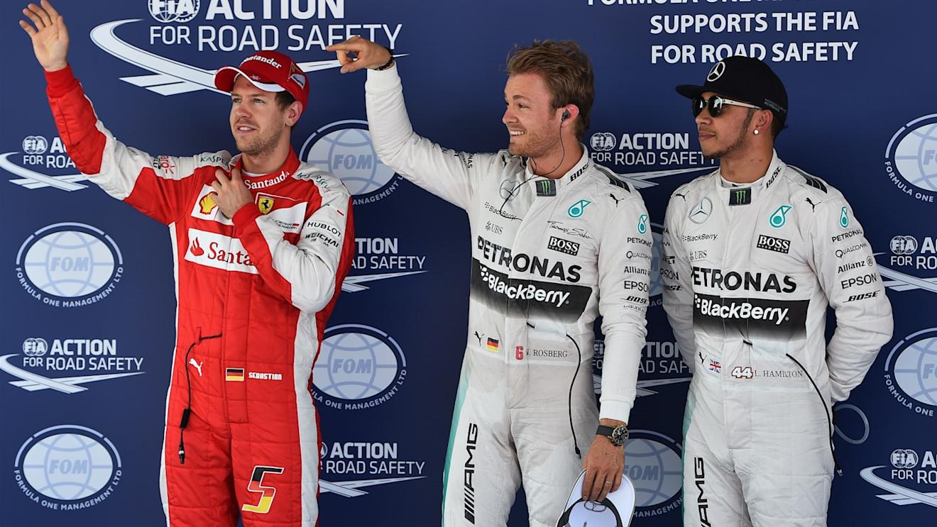 (L to R): Sebastian Vettel (GER) Ferrari, pole sitter Nico Rosberg (GER) Mercedes AMG F1 and Lewis Hamilton (GBR) Mercedes AMG F1 celebrate in parc ferme at Formula One World Championship, Rd5, Spanish Grand Prix Qualifying, Barcelona, Spain, Saturday 9 May 2015. © Sutton Motorsport Images