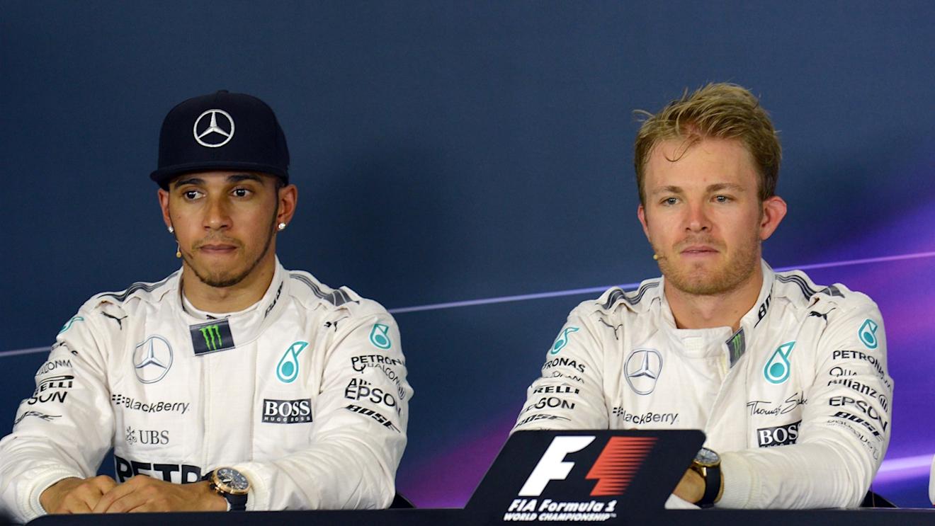 Lewis Hamilton (GBR) Mercedes AMG F1 and Nico Rosberg (GER) Mercedes AMG F1 at the Qualifying Press Conference at Formula One World Championship, Rd5, Spanish Grand Prix Qualifying, Barcelona, Spain, Saturday 9 May 2015. © Sutton Motorsport Images