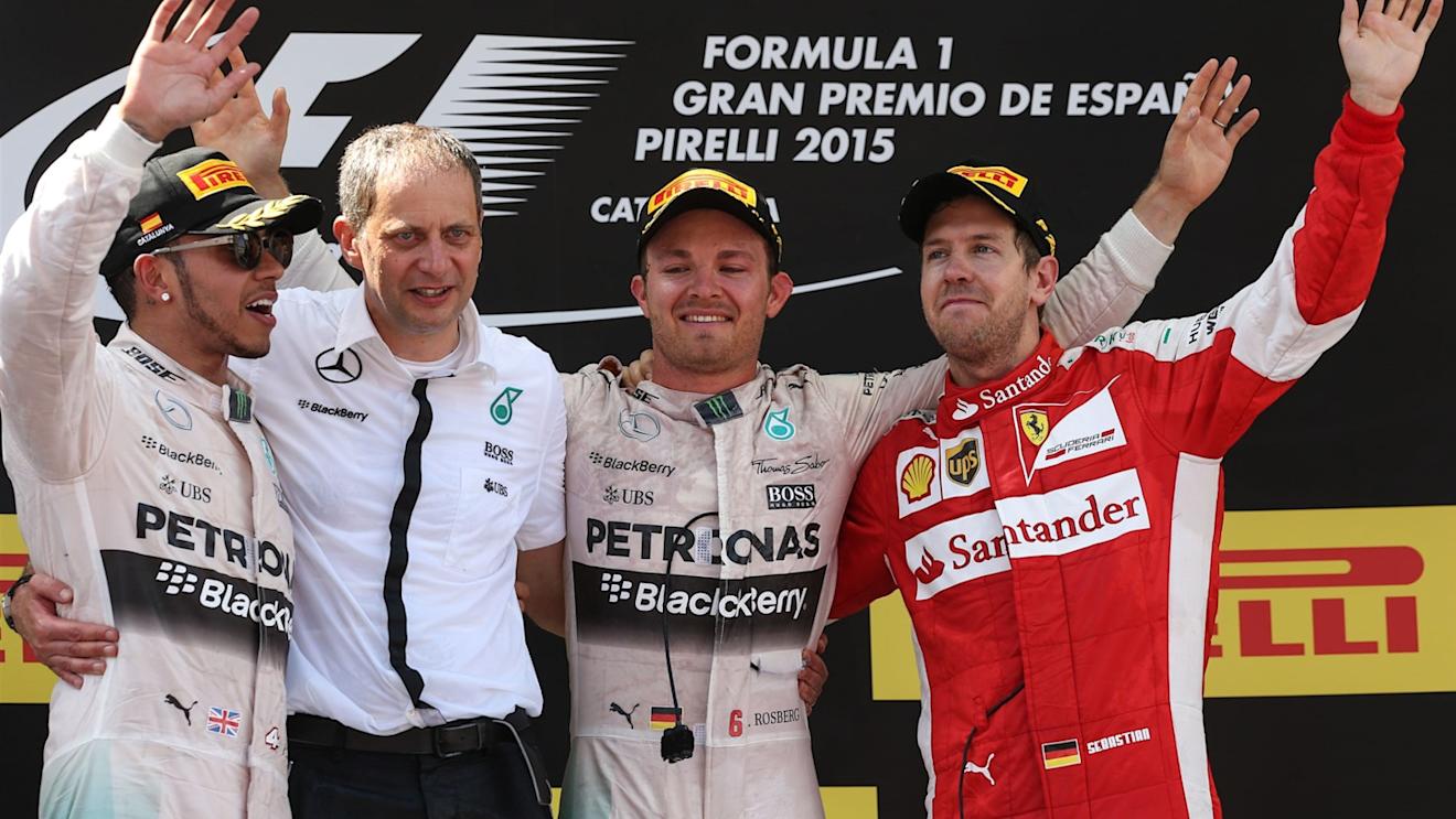 L to R): Lewis Hamilton (GBR) Mercedes AMG F1, Tony Ross (GBR) Mercedes AMG F1 Race Engineer, race winner Nico Rosberg (GER) Mercedes AMG F1 and Sebastian Vettel (GER) Ferrari celebrate on the podium at Formula One World Championship, Rd5, Spanish Grand Prix Race, Barcelona, Spain, Sunday 10 May 2015. © Sutton Motorsport Images