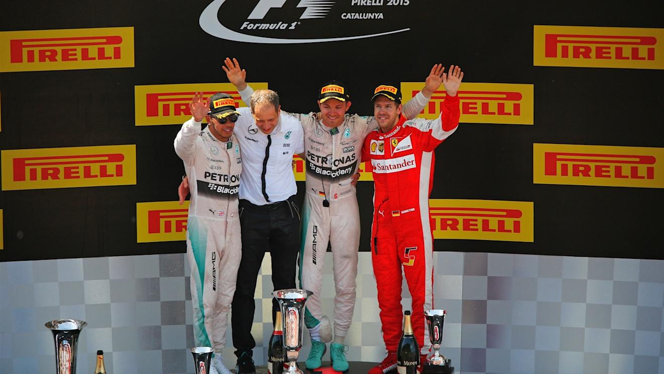 L to R): Lewis Hamilton (GBR) Mercedes AMG F1, Tony Ross (GBR) Mercedes AMG F1 Race Engineer, race winner Nico Rosberg (GER) Mercedes AMG F1 and Sebastian Vettel (GER) Ferrari celebrate on the podium at Formula One World Championship, Rd5, Spanish Grand Prix Race, Barcelona, Spain, Sunday 10 May 2015. © Sutton Motorsport Images