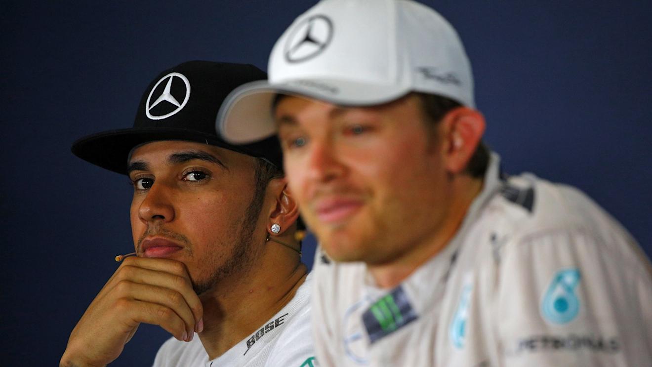 Lewis Hamilton (GBR) Mercedes AMG F1 and Nico Rosberg (GER) Mercedes AMG F1 in the Press Conference at Formula One World Championship, Rd5, Spanish Grand Prix Race, Barcelona, Spain, Sunday 10 May 2015. © Sutton Motorsport Images