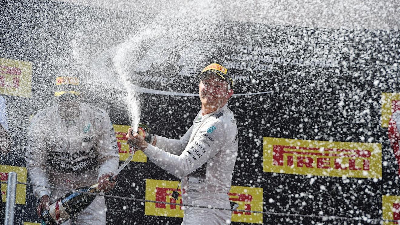 Race winner Nico Rosberg (GER) Mercedes AMG F1 celebrates on the podium with the champagne at Formula One World Championship, Rd5, Spanish Grand Prix Qualifying, Barcelona, Spain, Saturday 9 May 2015. © Sutton Motorsport Images