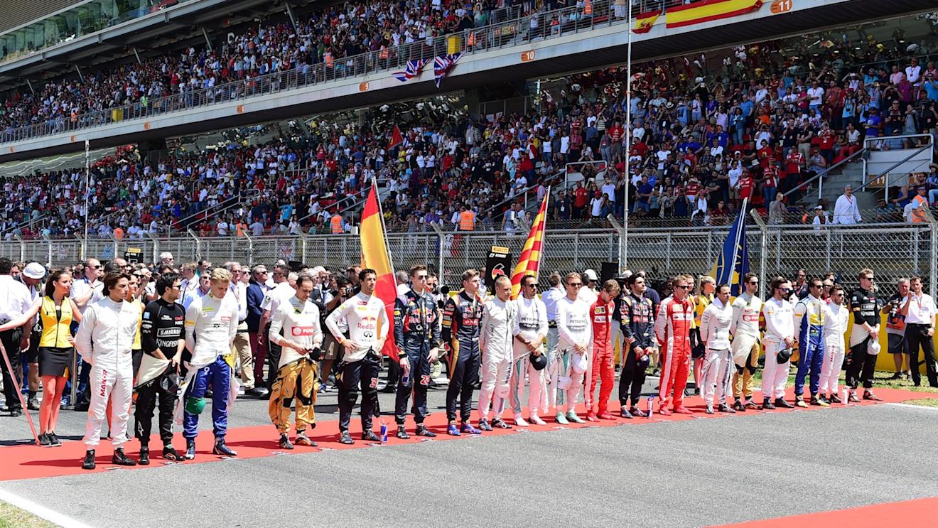 Drivers observe the National Anthem on the grid at Formula One World Championship, Rd5, Spanish Grand Prix Qualifying, Barcelona, Spain, Saturday 9 May 2015. © Sutton Motorsport Images