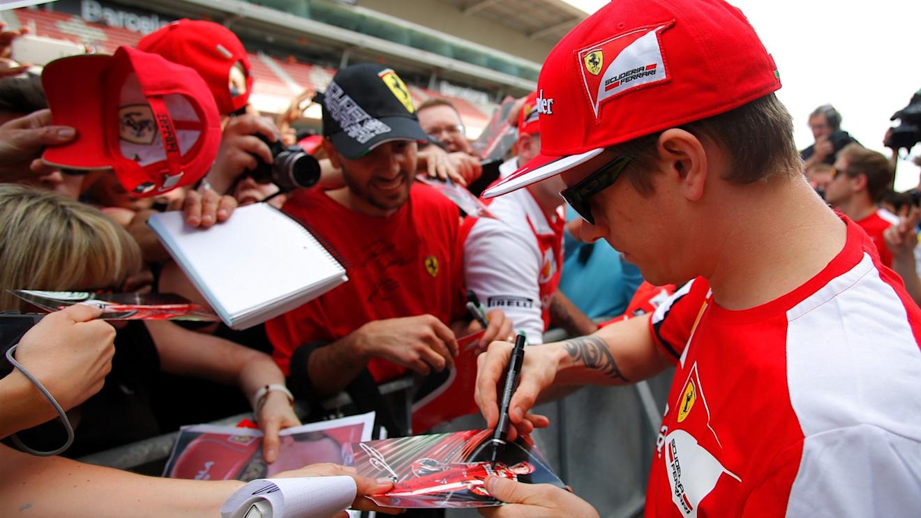 Kimi Raikkonen (FIN) Ferrari signs autographs for the fans at Formula One World Championship, Rd5, Spanish Grand Prix Preparations, Barcelona, Spain, Thursday 7 May 2015. © Sutton Motorsport Images