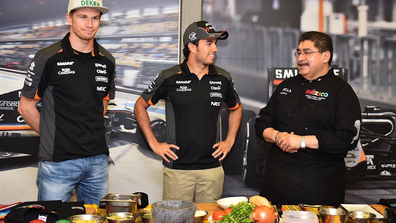 Sergio Perez (MEX) Force India and Nico Hulkenberg (GER) Force India F1 at The Taste of Mexico in Barcelona event in the Force India Motorhome at Formula One World Championship, Rd5, Spanish Grand Prix Preparations, Barcelona, Spain, Thursday 7 May 2015. © Sutton Motorsport Images