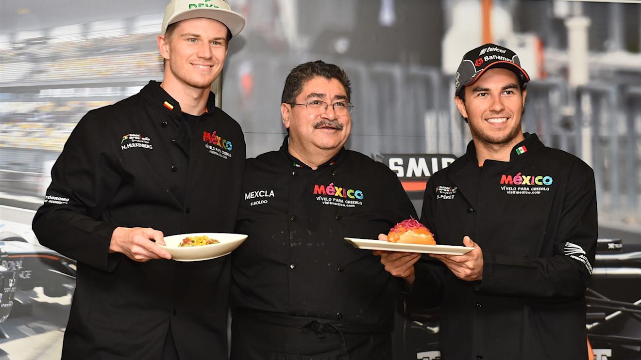 Sergio Perez (MEX) Force India and Nico Hulkenberg (GER) Force India F1 at The Taste of Mexico in Barcelona event in the Force India Motorhome at Formula One World Championship, Rd5, Spanish Grand Prix Preparations, Barcelona, Spain, Thursday 7 May 2015. © Sutton Motorsport Images