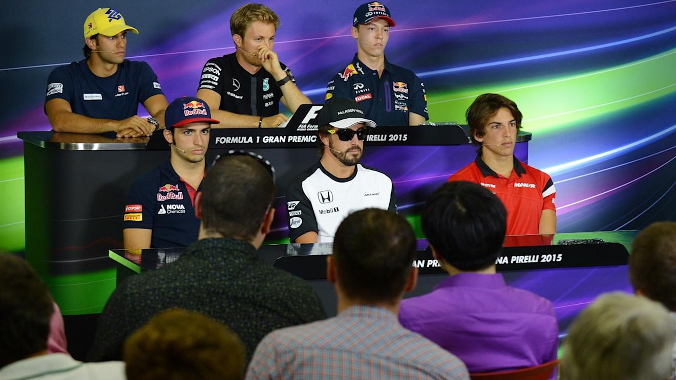 (L to R): Felipe Nasr (BRA) Sauber, Nico Rosberg (GER) Mercedes AMG F1, Daniil Kyvat (RUS) Red Bull Racing, Carlos Sainz jr (ESP) Scuderia Toro Rosso, Fernando Alonso (ESP) McLaren and Roberto Merhi (SPA) Marussia in the press conferance at Formula One World Championship, Rd5, Spanish Grand Prix Preparations, Barcelona, Spain, Thursday 7 May 2015. © Sutton Motorsport Images