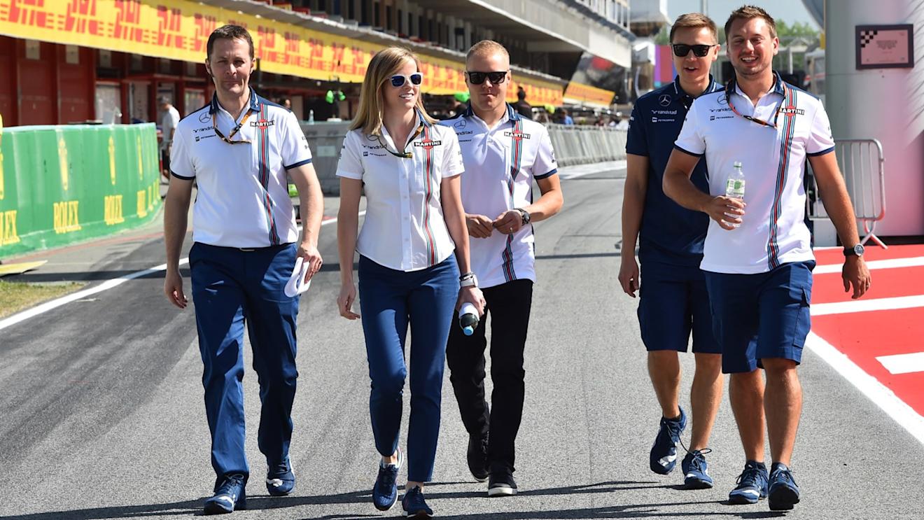 Susie Wolff (GBR) Williams Development Driver and Valtteri Bottas (FIN) Williams walk the circuit at Formula One World Championship, Rd5, Spanish Grand Prix Preparations, Barcelona, Spain, Thursday 7 May 2015. © Sutton Motorsport Images