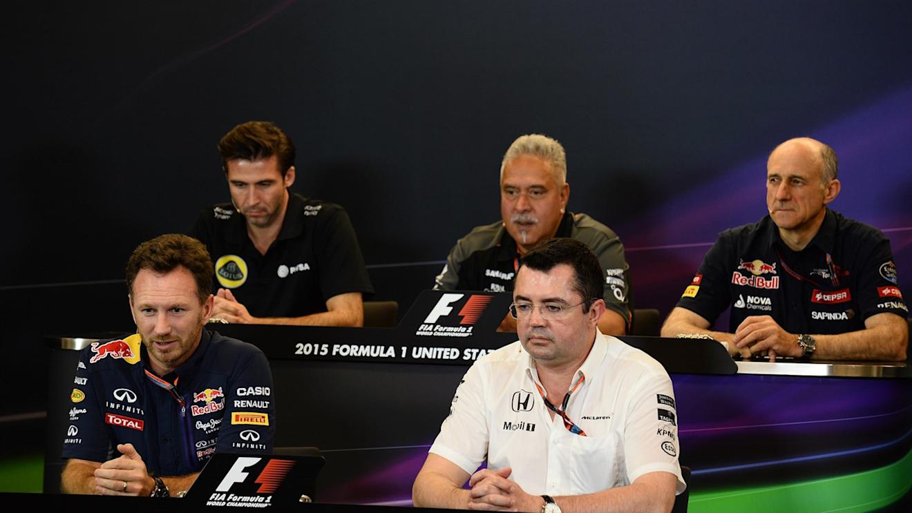 (L to R): Matthew Carter (GBR) Lotus F1 Team CEO, Dr. Vijay Mallya (IND) Force India Formula One Team Owner, Dr Helmut Marko (AUT) Red Bull Motorsport Consultant, Christian Horner (GBR) Red Bull Racing Team Principal and Eric Boullier (FRA) McLaren Racing Director in the press conference at Formula One World Championship, Rd16, United States  Grand Prix, Practice, Austin, Texas, USA, Friday 23 October 2015. © Sutton Motorsport Images