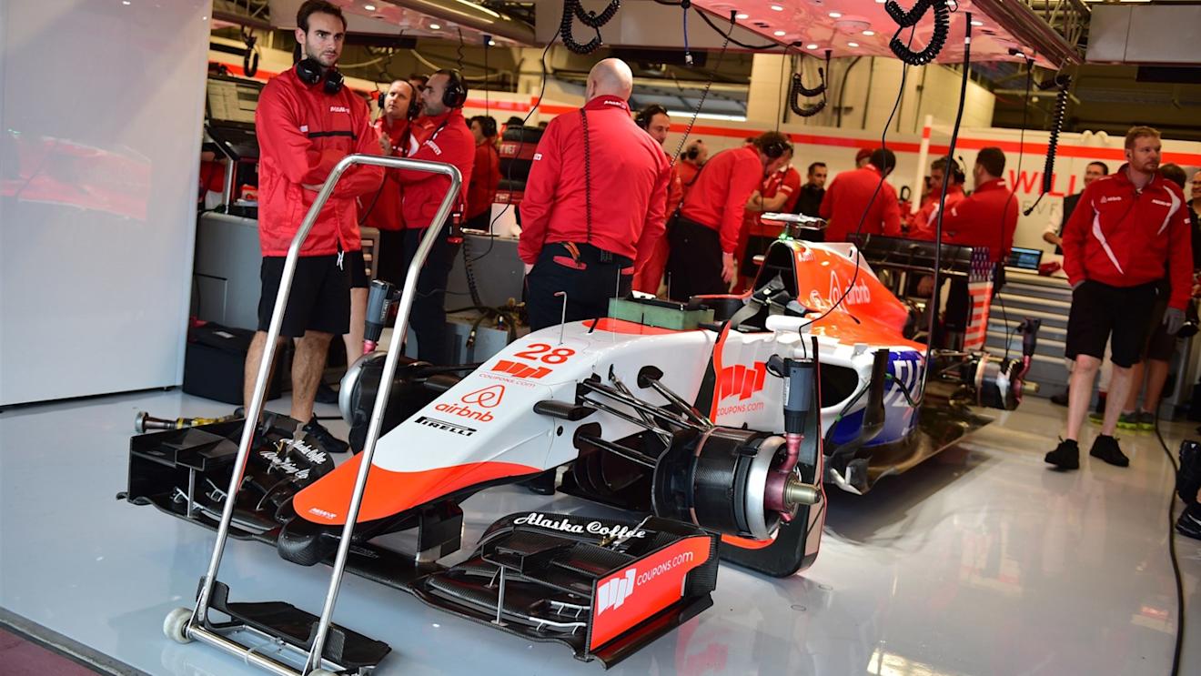 The car of Alexander Rossi (USA) Marussia in the garage at Formula One World Championship, Rd16, United States  Grand Prix, Qualifying, Austin, Texas, USA, Saturday 24 October 2015. © Sutton Motorsport Images
