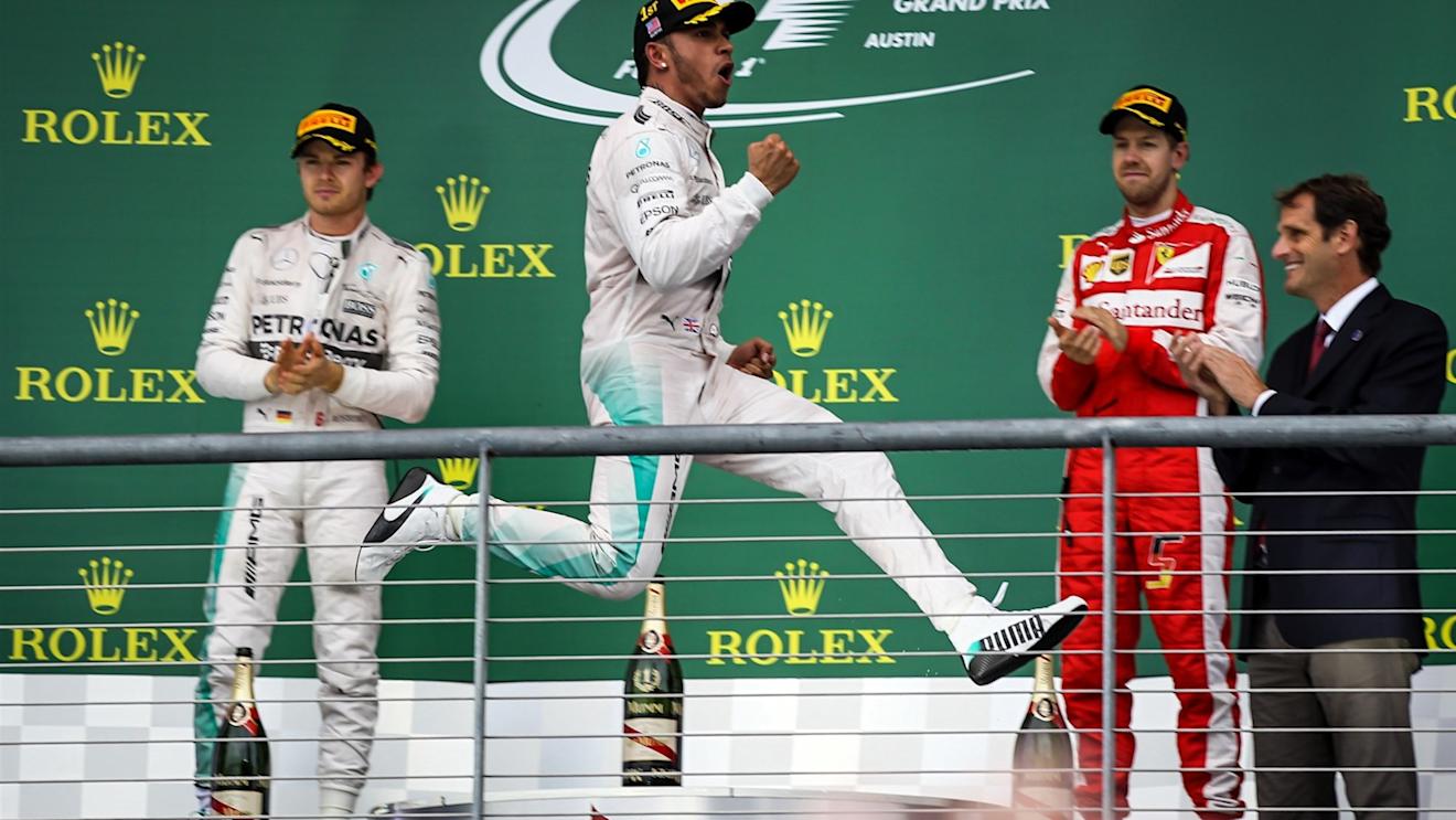 Race winner and new World Champion Lewis Hamilton (GBR) Mercedes AMG F1 celebrates on the podium at Formula One World Championship, Rd16, United States  Grand Prix, Race, Austin, Texas, USA, Sunday 25 October 2015. © Sutton Motorsport Images