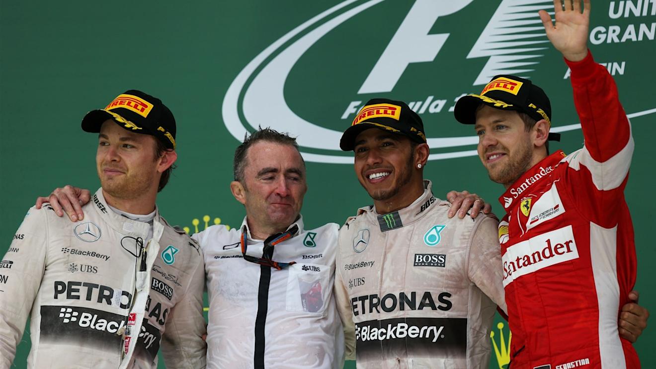 (L to R): Nico Rosberg (GER) Mercedes AMG F1, Paddy Lowe (GBR) Mercedes AMG F1 Executive Director (Technical), Lewis Hamilton (GBR) Mercedes AMG F1 and Sebastian Vettel (GER) Ferrari celebrate on the podium at Formula One World Championship, Rd16, United States  Grand Prix, Race, Austin, Texas, USA, Sunday 25 October 2015. © Sutton Motorsport Images