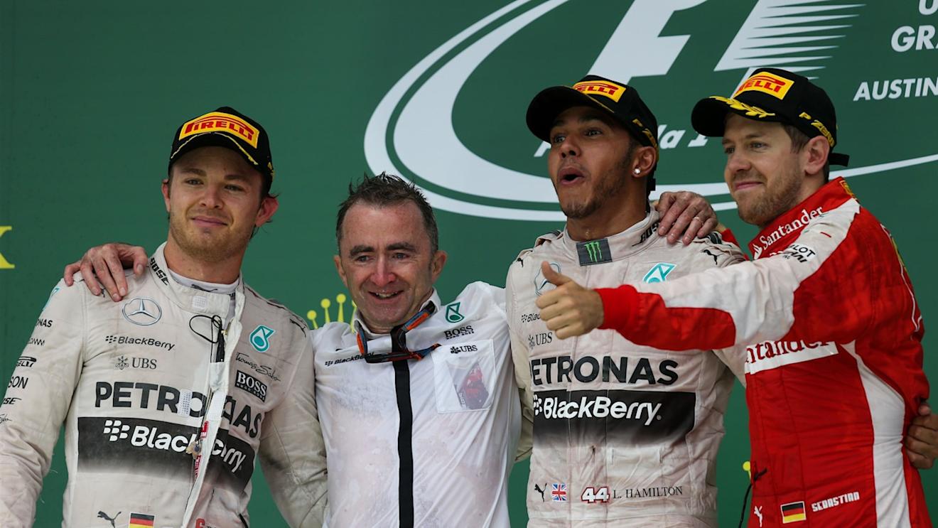 (L to R): Nico Rosberg (GER) Mercedes AMG F1, Paddy Lowe (GBR) Mercedes AMG F1 Executive Director (Technical), Lewis Hamilton (GBR) Mercedes AMG F1 and Sebastian Vettel (GER) Ferrari celebrate on the podium at Formula One World Championship, Rd16, United States  Grand Prix, Race, Austin, Texas, USA, Sunday 25 October 2015. © Sutton Motorsport Images