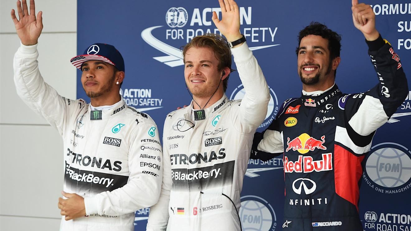 (L to R): Lewis Hamilton (GBR) Mercedes AMG F1, pole sitter Nico Rosberg (GER) Mercedes AMG F1 and Daniel Ricciardo (AUS) Red Bull Racing celebrates in parc ferme at Formula One World Championship, Rd16, United States  Grand Prix, Qualifying, Austin, Texas, USA, Sunday 25 October 2015. © Sutton Motorsport Images