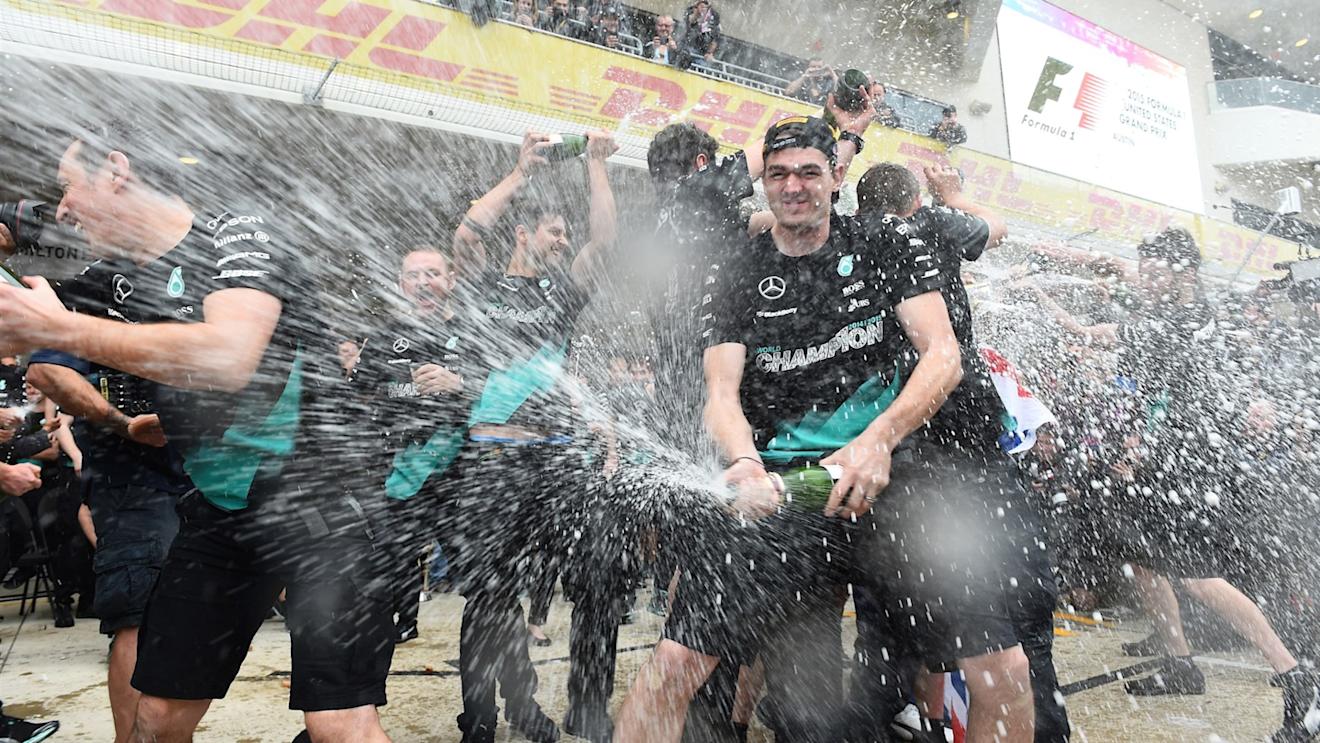 Mercedes AMG F1 celebrates with the champagne at Formula One World Championship, Rd16, United States  Grand Prix, Race, Austin, Texas, USA, Sunday 25 October 2015. © Sutton Motorsport Images
