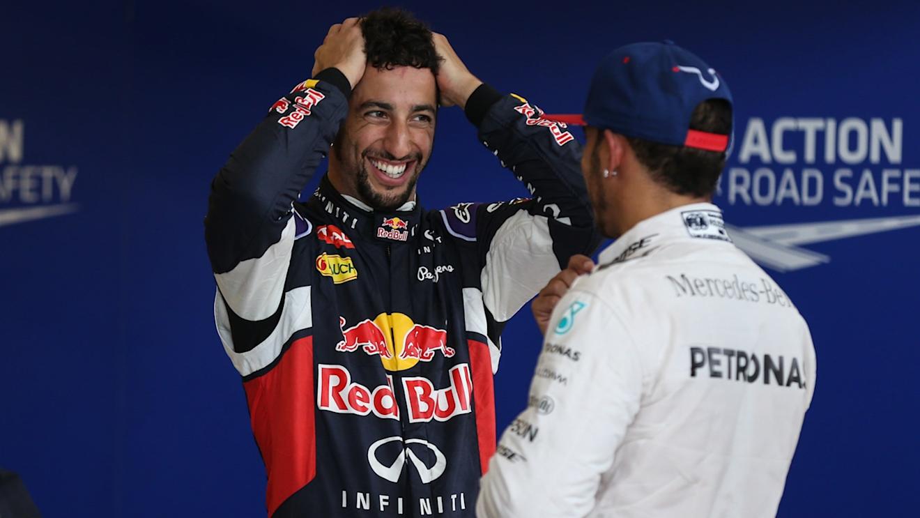 Daniel Ricciardo (AUS) Red Bull Racing celebrates in parc ferme with Lewis Hamilton (GBR) Mercedes AMG F1 at Formula One World Championship, Rd16, United States  Grand Prix, Qualifying, Austin, Texas, USA, Sunday 25 October 2015. © Sutton Motorsport Images