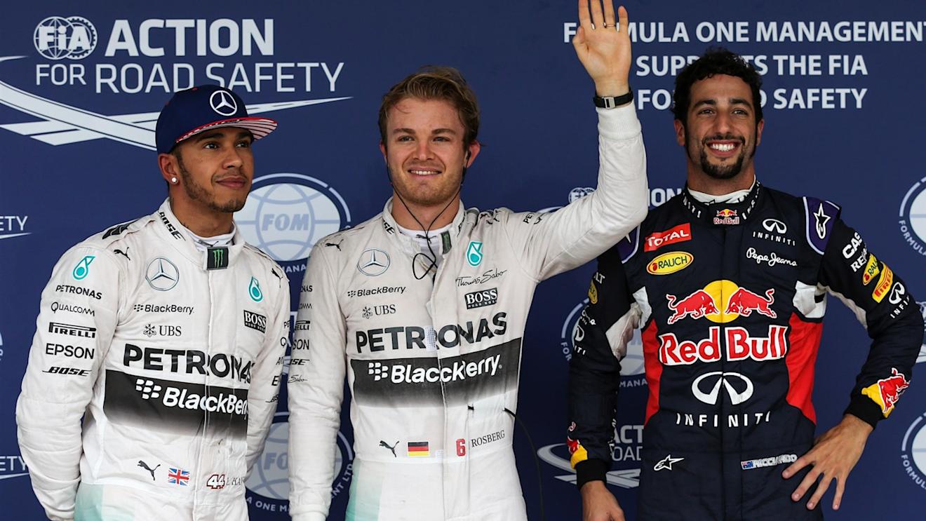 (L to R): Lewis Hamilton (GBR) Mercedes AMG F1, pole sitter Nico Rosberg (GER) Mercedes AMG F1 and Daniel Ricciardo (AUS) Red Bull Racing celebrate in parc ferme at Formula One World Championship, Rd16, United States  Grand Prix, Qualifying, Austin, Texas, USA, Sunday 25 October 2015. © Sutton Motorsport Images