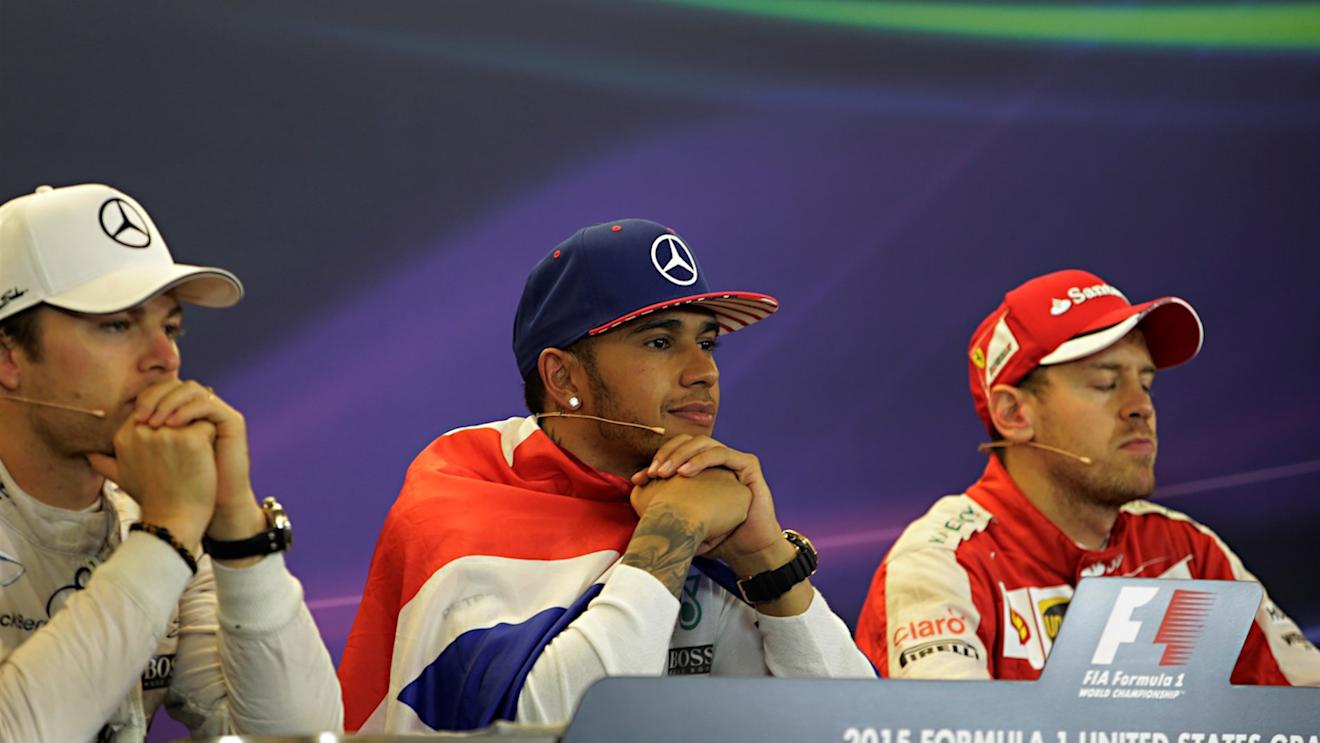 Nico Rosberg (GER) Mercedes AMG F1, Lewis Hamilton (GBR) Mercedes AMG F1 and Sebastian Vettel (GER) Ferrari in the Press Conference at Formula One World Championship, Rd16, United States  Grand Prix, Race, Austin, Texas, USA, Sunday 25 September 2015. © Sutton Motorsport Images