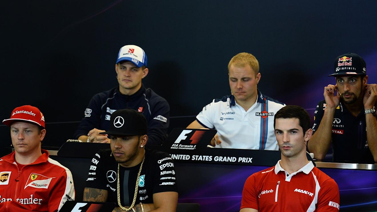 (L to R): Marcus Ericsson (SWE) Sauber, Valtteri Bottas (FIN) Williams, Daniel Ricciardo (AUS) Red Bull Racing, Kimi Raikkonen (FIN) Ferrari, Lewis Hamilton (GBR) Mercedes AMG F1 and Alexander Rossi (USA) Marussia in the Press Conference at Formula One World Championship, Rd16, United States  Grand Prix, Preparations, Austin, Texas, USA, Thursday 22 October 2015. © Sutton Motorsport Images