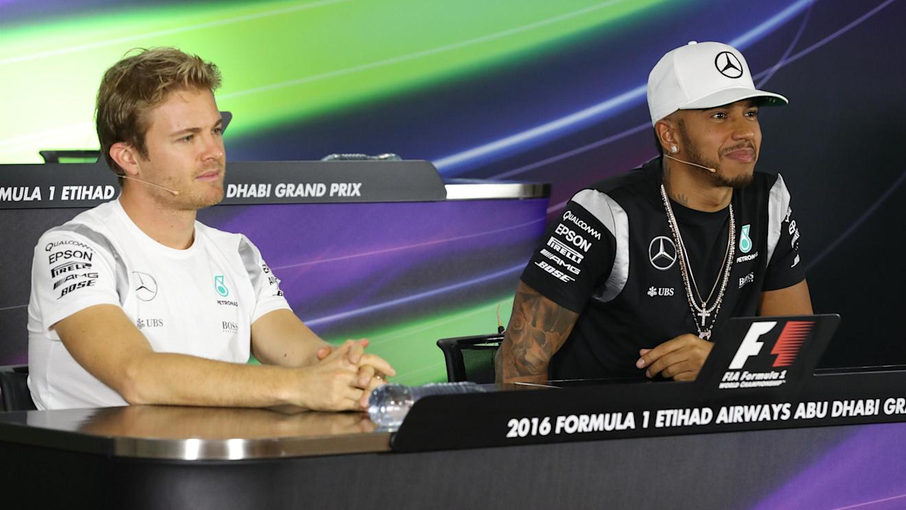 Nico Rosberg (GER) Mercedes AMG F1 and Lewis Hamilton (GBR) Mercedes AMG F1 in the Press Conference at Formula One World Championship, Rd21, Abu Dhabi Grand Prix, Preparations, Yas Marina Circuit, Abu Dhabi, UAE, Thursday 24 November 2016. © Sutton Images