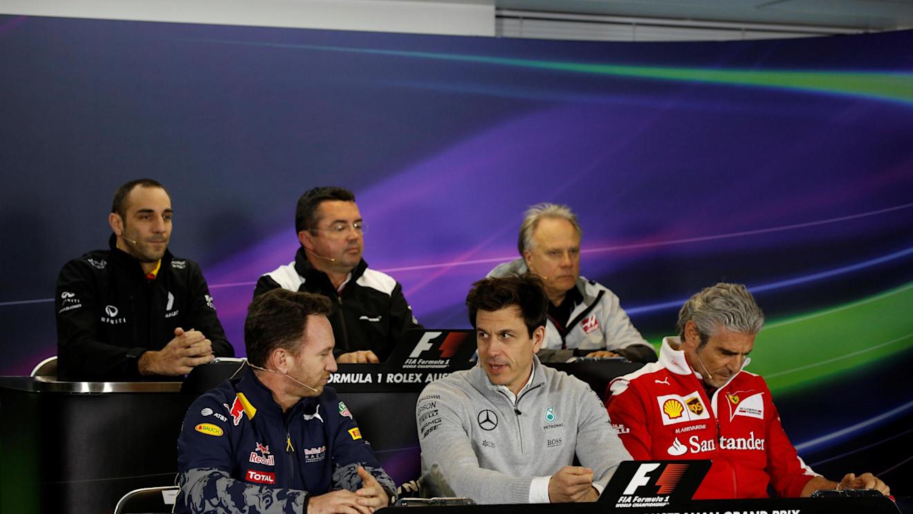 (L to R): Cyril Abiteboul (FRA) Renault Sport F1 Managing Director, Eric Boullier (FRA) McLaren Racing Director, Gene Haas (USA) Founder and Chairman, Haas F1 Team, Christian Horner (GBR) Red Bull Racing Team Principal, Toto Wolff (AUT) Mercedes AMG F1 Director of Motorsport and Maurizio Arrivabene (ITA) Ferrari Team Principal in the Press Conference at Formula One World Championship, Rd1, Australian Grand Prix, Practice, Albert Park, Melbourne, Australia, Friday 18 March 2016. © Sutton Motorsport Images