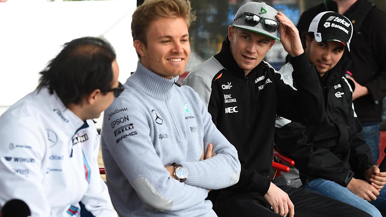 Felipe Massa (BRA) Williams, Nico Rosberg (GER) Mercedes AMG F1, Nico Hulkenberg (GER) Force India F1 and Sergio Perez (MEX) Force India on stage at the fan zone at Formula One World Championship, Rd1, Australian Grand Prix, Qualifying, Albert Park, Melbourne, Australia, Saturday 19 March 2016. © Sutton Motorsport Images