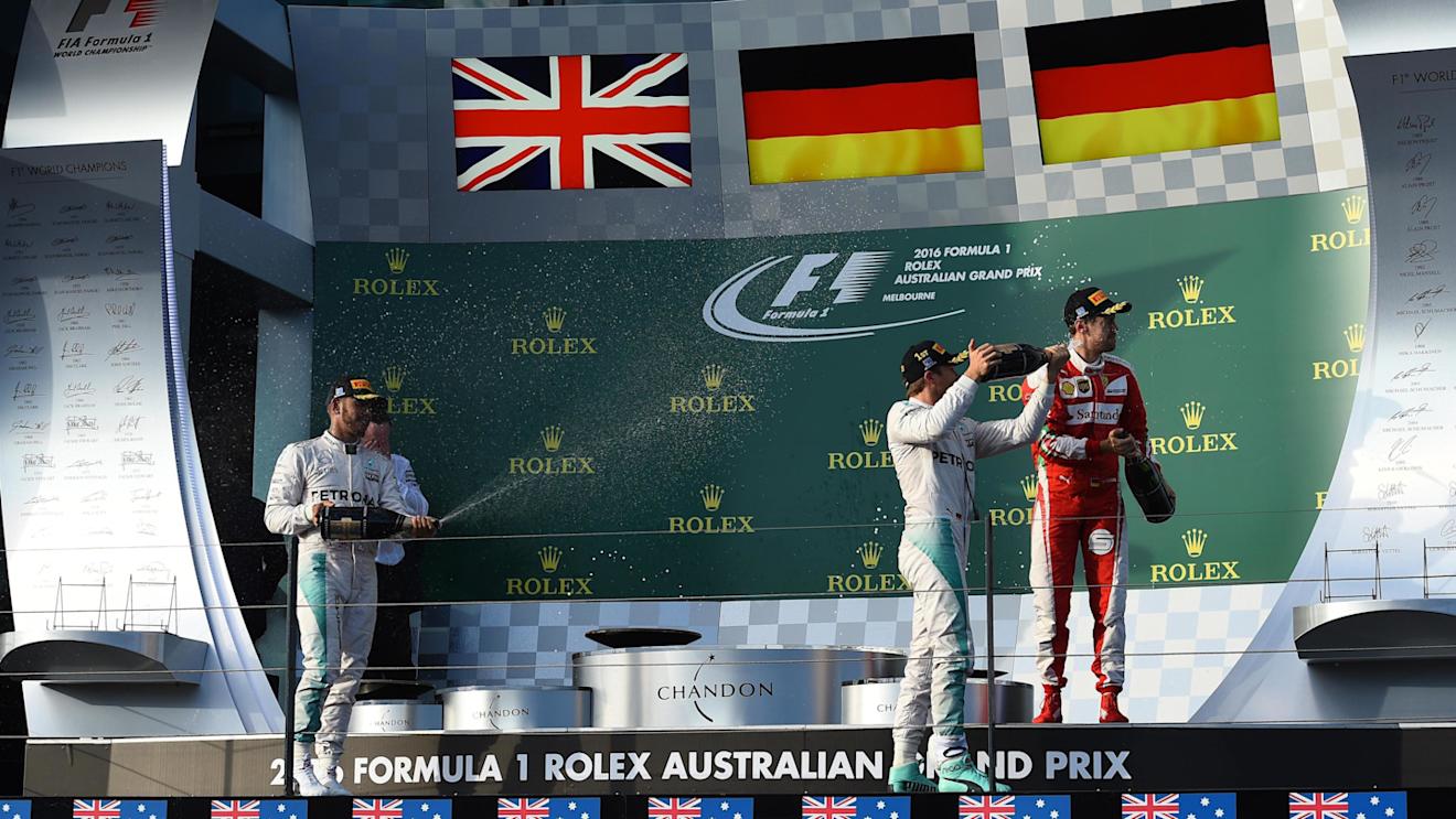 (L to R): Lewis Hamilton (GBR) Mercedes AMG F1, Race winner Nico Rosberg (GER) Mercedes AMG F1 and Sebastian Vettel (GER) Ferrari celebrate on the podium with champagne at Formula One World Championship, Rd1, Australian Grand Prix, Race, Albert Park, Melbourne, Australia, Sunday 20 March 2016. © Sutton Motorsport Images