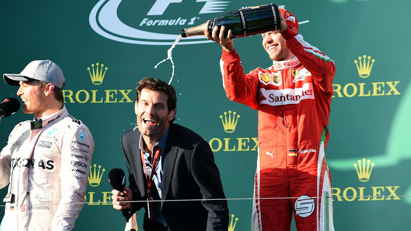 (L to R): Race winner Nico Rosberg (GER) Mercedes AMG F1, Mark Webber (AUS) and Sebastian Vettel (GER) Ferrari celebrate on the podium with champagne at Formula One World Championship, Rd1, Australian Grand Prix, Race, Albert Park, Melbourne, Australia, Sunday 20 March 2016. © Sutton Motorsport Images
