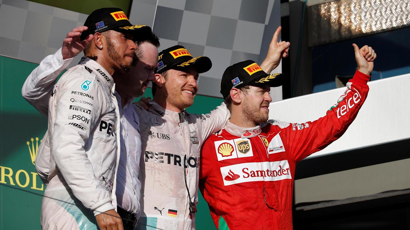 (L to R): Lewis Hamilton (GBR) Mercedes AMG F1, Race winner Nico Rosberg (GER) Mercedes AMG F1 and Sebastian Vettel (GER) Ferrari celebrate on the podium at Formula One World Championship, Rd1, Australian Grand Prix, Race, Albert Park, Melbourne, Australia, Sunday 20 March 2016. © Sutton Motorsport Images