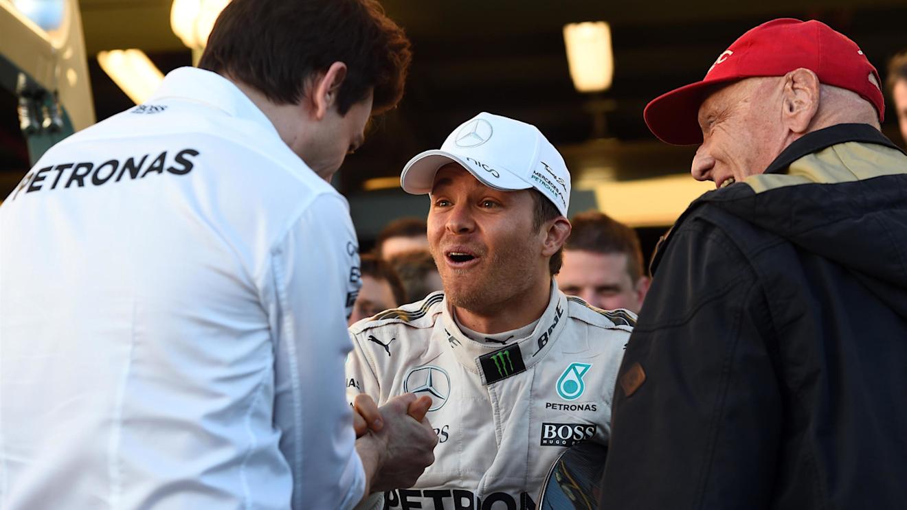 Race winner Nico Rosberg (GER) Mercedes AMG F1 celebrates with Toto Wolff (AUT) Mercedes AMG F1 Director of Motorsport and Niki Lauda (AUT) Mercedes AMG F1 Non-Executive Chairman at Formula One World Championship, Rd1, Australian Grand Prix, Race, Albert Park, Melbourne, Australia, Sunday 20 March 2016. © Sutton Motorsport Images