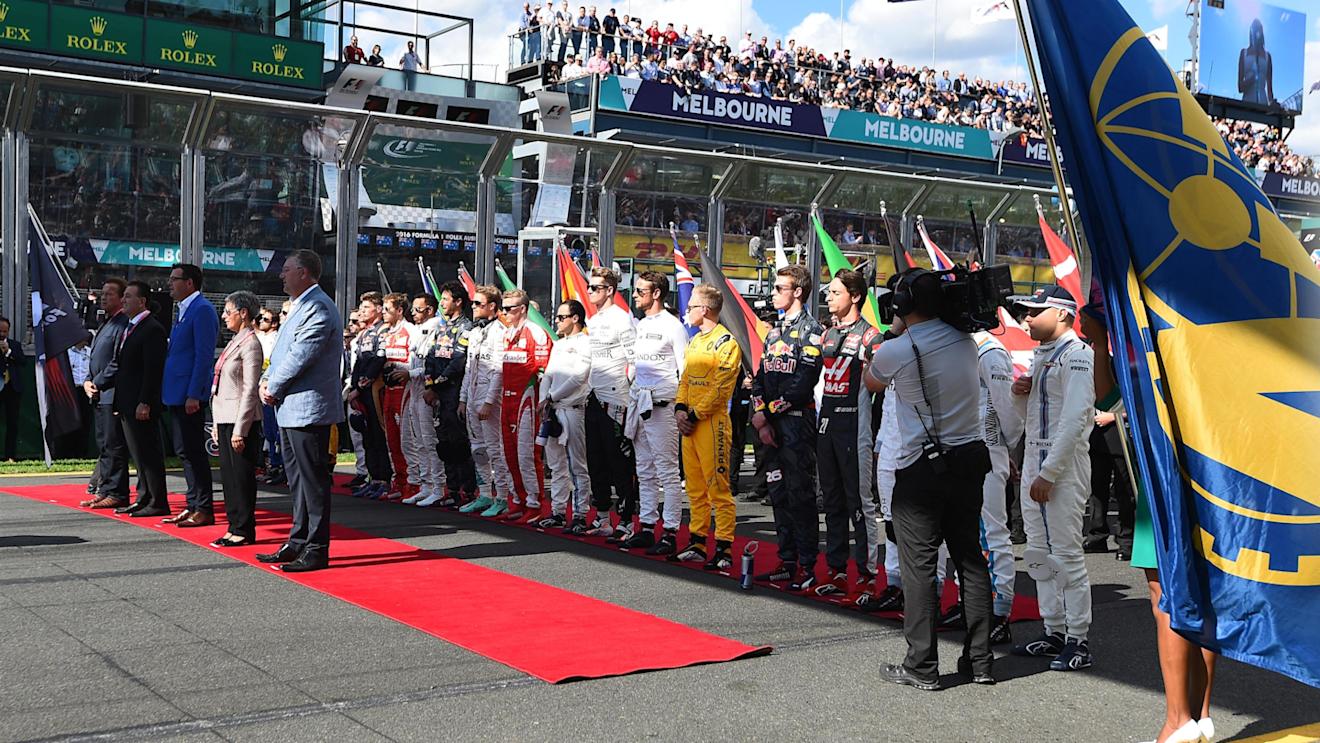 Drivers observe the National Anthem on the grid at Formula One World Championship, Rd1, Australian Grand Prix, Race, Albert Park, Melbourne, Australia, Sunday 20 March 2016. © Sutton Motorsport Images