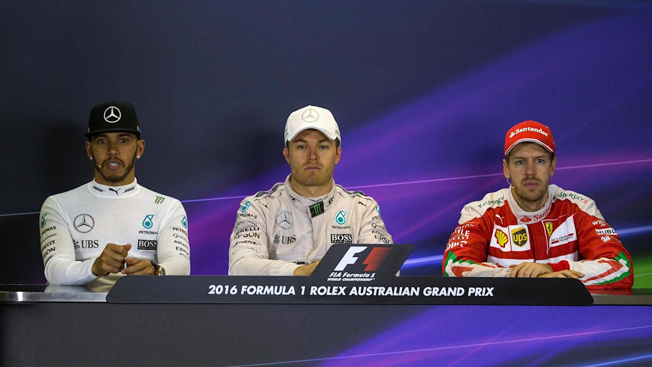 Lewis Hamilton (GBR) Mercedes AMG F1, Nico Rosberg (GER) Mercedes AMG F1 and Sebastian Vettel (GER) Scuderia Ferrari in the press conference at Formula One World Championship, Rd1, Australian Grand Prix, Race, Albert Park, Melbourne, Australia, Sunday 20 March 2016. © Sutton Motorsport Images