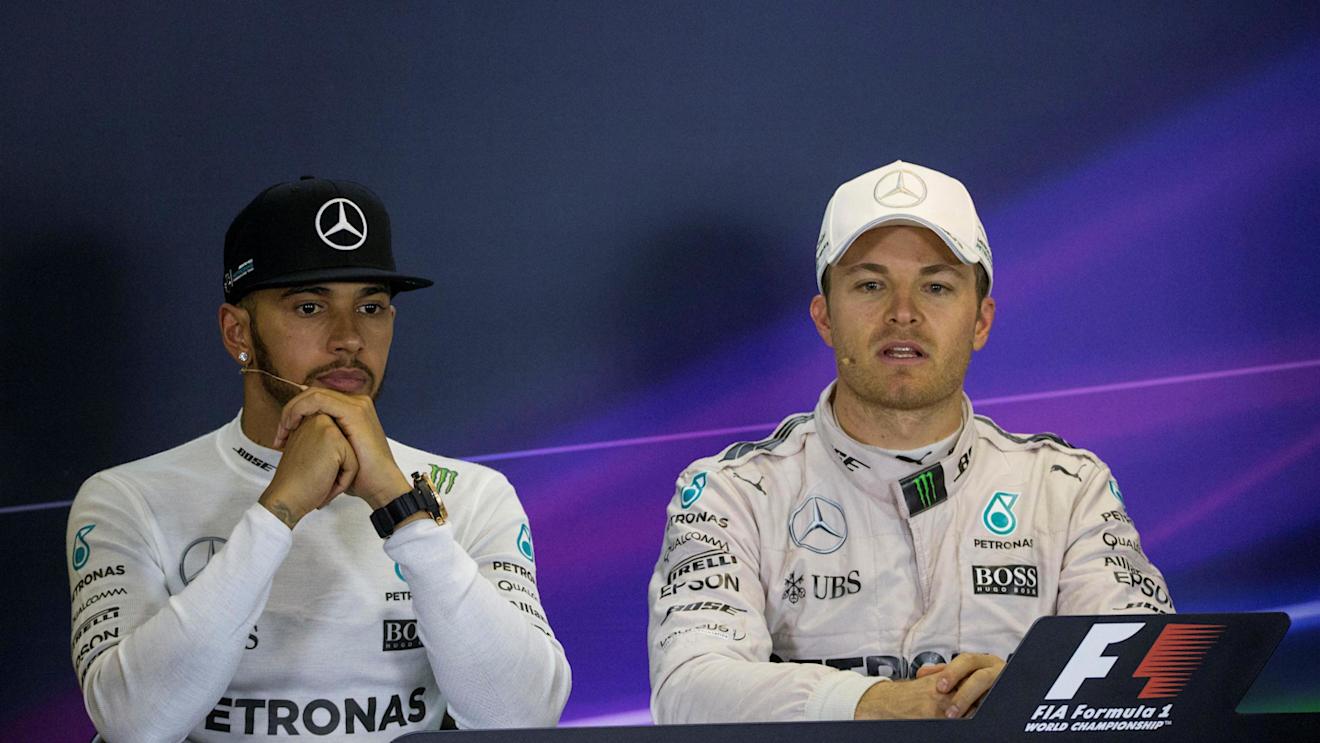 Lewis Hamilton (GBR) Mercedes AMG F1 and Nico Rosberg (GER) Mercedes AMG F1 in the press conference at Formula One World Championship, Rd1, Australian Grand Prix, Race, Albert Park, Melbourne, Australia, Sunday 20 March 2016. © Sutton Motorsport Images