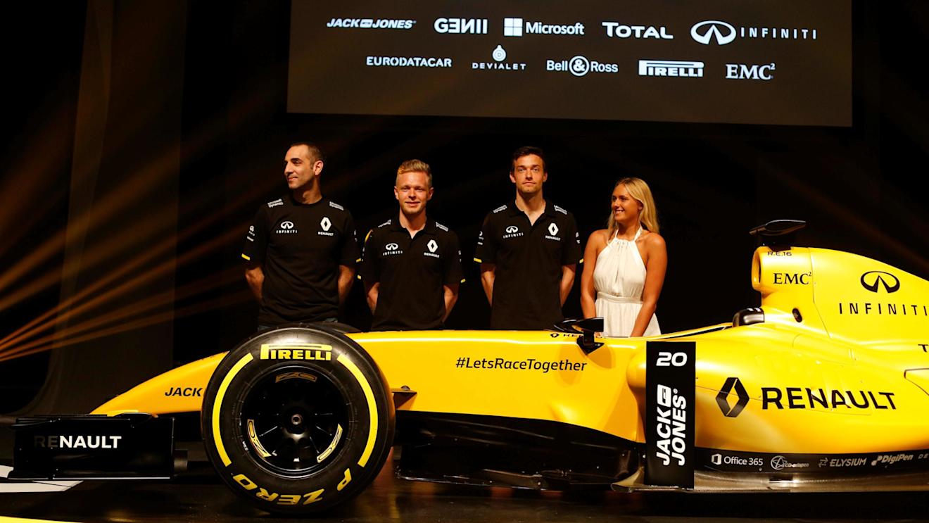 Cyril Abiteboul (FRA) Renault Sport F1 Managing Director, Kevin Magnussen (DEN) Renault Sport F1 Team and Jolyon Palmer (GBR) Renault Sport F1 Team at the Renault Sport F1 Team Definitive Livery Launch at Formula One World Championship, Rd1, Australian Grand Prix, Preparations, Albert Park, Melbourne, Australia, Wednesday 16 March 2016. © Sutton Motorsport Images