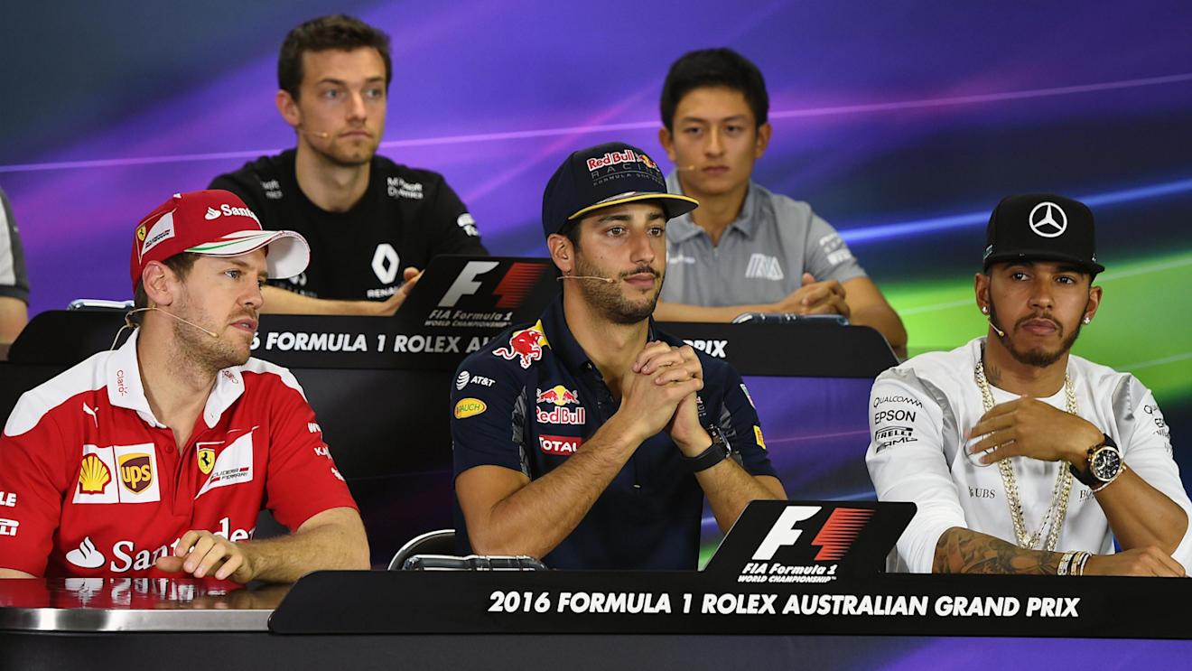 Sebastian Vettel (GER) Ferrari, Jolyon Palmer (GBR) Renault Sport F1 Team, Daniel Ricciardo (AUS) Red Bull Racing Rio Haryanto (IDN) Manor Racing and Lewis Hamilton (GBR) Mercedes AMG F1 in the press conference at Formula One World Championship, Rd1, Australian Grand Prix, Preparations, Albert Park, Melbourne, Australia, Thursday 17 March 2016. © Sutton Motorsport Images
