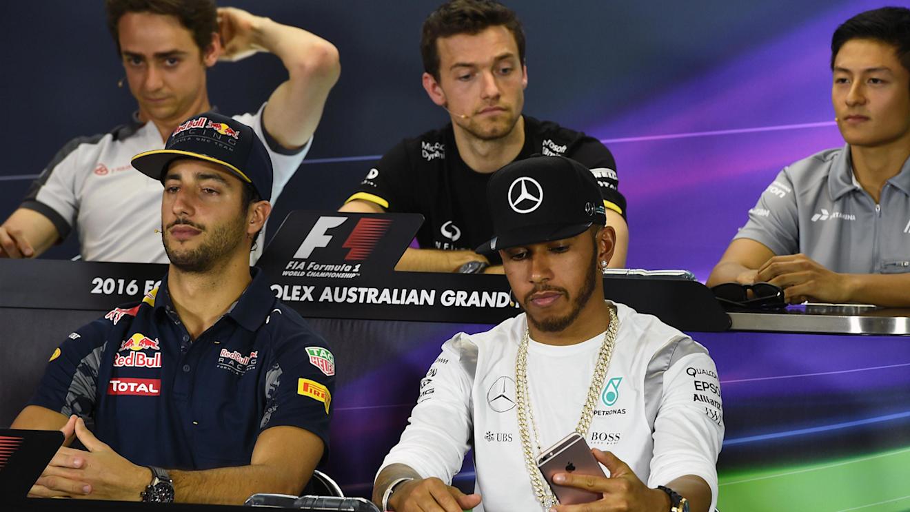 Esteban Gutierrez (MEX) Haas F1, Daniel Ricciardo (AUS) Red Bull Racing, Jolyon Palmer (GBR) Renault Sport F1 Team, Lewis Hamilton (GBR) Mercedes AMG F1 and Rio Haryanto (IDN) Manor Racing during the Press Conference at Formula One World Championship, Rd1, Australian Grand Prix, Preparations, Albert Park, Melbourne, Australia, Thursday 17 March 2016. © Sutton Motorsport Images