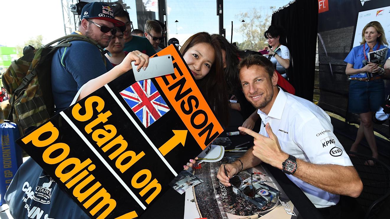 Jenson Button (GBR) McLaren with fans at the autograph session at Formula One World Championship, Rd1, Australian Grand Prix, Preparations, Albert Park, Melbourne, Australia, Thursday 17 March 2016. © 2014