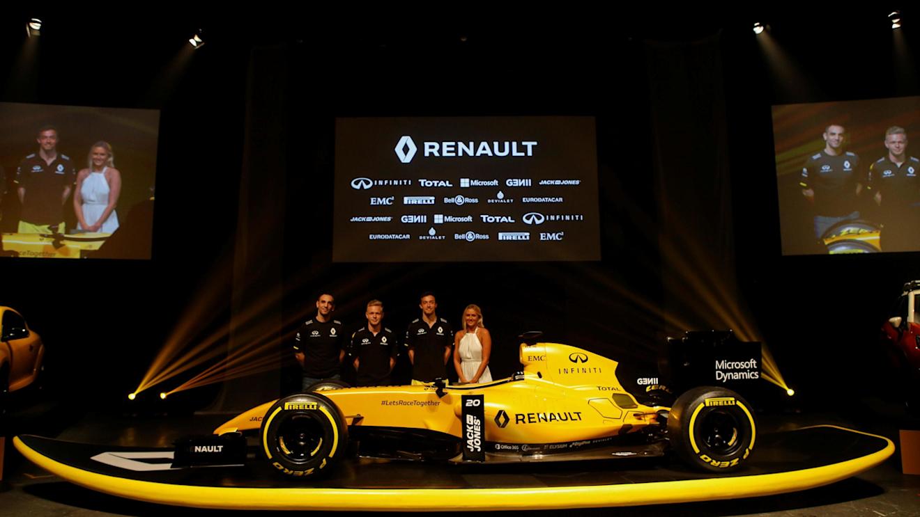 Cyril Abiteboul (FRA) Renault Sport F1 Managing Director, Kevin Magnussen (DEN) Renault Sport F1 Team and Jolyon Palmer (GBR) Renault Sport F1 Team at the Renault Sport F1 Team Definitive Livery Launch at Formula One World Championship, Rd1, Australian Grand Prix, Preparations, Albert Park, Melbourne, Australia, Wednesday 16 March 2016. © Sutton Motorsport Images