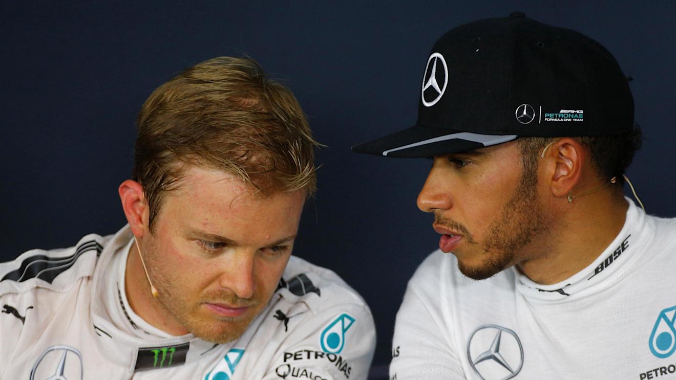 Nico Rosberg (GER) Mercedes AMG F1 and Lewis Hamilton (GBR) Mercedes AMG F1 in the Press Conference at Formula One World Championship, Rd9, Austrian Grand Prix, Qualifying, Spielberg, Austria, Saturday 2 July 2016. © Sutton Images