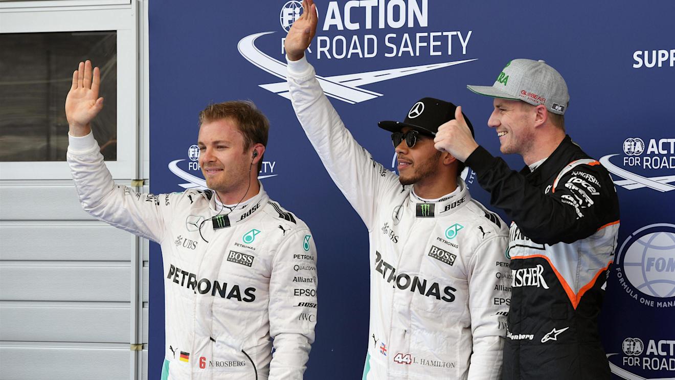 (L to R): Nico Rosberg (GER) Mercedes AMG F1, pole sitter Lewis Hamilton (GBR) Mercedes AMG F1 and Nico Hulkenberg (GER) Force India F1 celebrate in parc ferme at Formula One World Championship, Rd9, Austrian Grand Prix, Qualifying, Spielberg, Austria, Saturday 2 July 2016. © Sutton Images