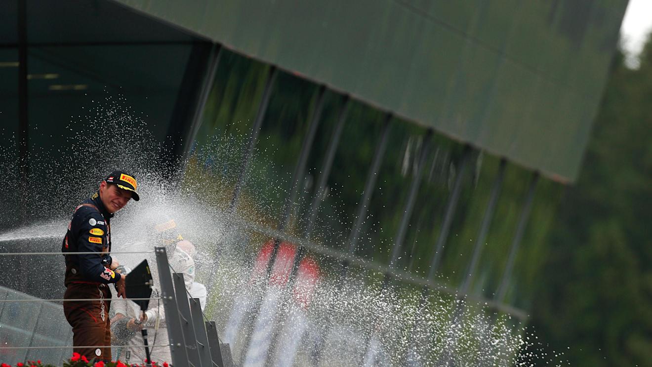 Max Verstappen (NED) Red Bull Racing celebrates on the podium with the champagne at Formula One World Championship, Rd9, Austrian Grand Prix, Race, Spielberg, Austria, Sunday 3 July 2016. © Sutton Images