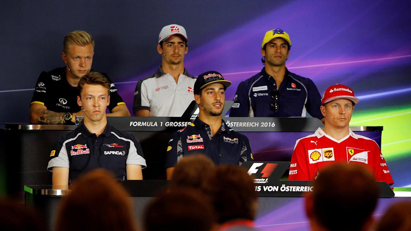 Kevin Magnussen (DEN) Renault Sport F1 Team, Daniil Kvyat (RUS) Scuderia Toro Rosso, Esteban Gutierrez (MEX) Haas F1, Felipe Nasr (BRA) Sauber, Daniel Ricciardo (AUS) Red Bull Racing and Kimi Raikkonen (FIN) Ferrari in the Press Conference at Formula One World Championship, Rd9, Austrian Grand Prix, Preparations, Spielberg, Austria, Thursday 30 June 2016. © Sutton Images