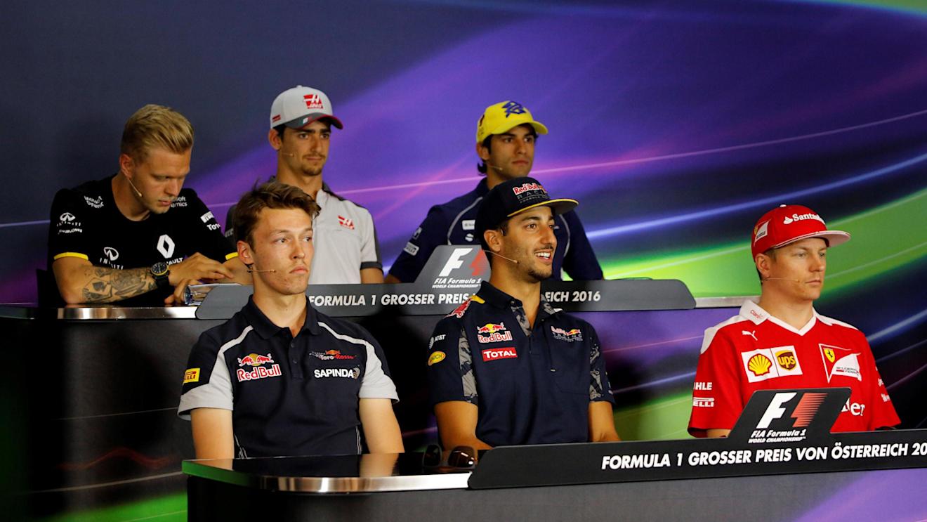 Kevin Magnussen (DEN) Renault Sport F1 Team, Daniil Kvyat (RUS) Scuderia Toro Rosso, Esteban Gutierrez (MEX) Haas F1, Felipe Nasr (BRA) Sauber, Daniel Ricciardo (AUS) Red Bull Racing and Kimi Raikkonen (FIN) Ferrari in the Press Conference at Formula One World Championship, Rd9, Austrian Grand Prix, Preparations, Spielberg, Austria, Thursday 30 June 2016. © Sutton Images
