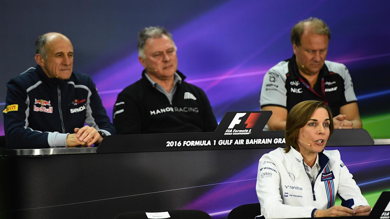 (L to R): Franz Tost (AUT) Scuderia Toro Rosso Team Principal, Dave Ryan (GBR) Manor Racing Racing Director, Robert Fearnley (GBR) Force India F1 Team Deputy Team Principal and Claire Williams (GBR) Williams Deputy Team Principal in the Press Conference at Formula One World Championship, Rd2, Bahrain Grand Prix Practice, Bahrain International Circuit, Sakhir, Bahrain, Friday 1 April 2016. © Sutton Motorsport Images