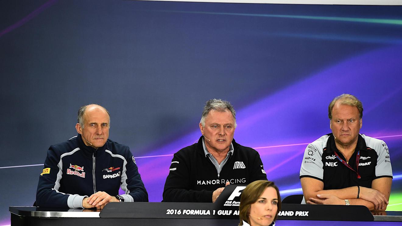 (L to R): Franz Tost (AUT) Scuderia Toro Rosso Team Principal, Dave Ryan (GBR) Manor Racing Racing Director, Robert Fearnley (GBR) Force India F1 Team Deputy Team Principal and Claire Williams (GBR) Williams Deputy Team Principal in the Press Conference at Formula One World Championship, Rd2, Bahrain Grand Prix Practice, Bahrain International Circuit, Sakhir, Bahrain, Friday 1 April 2016. © Sutton Motorsport Images