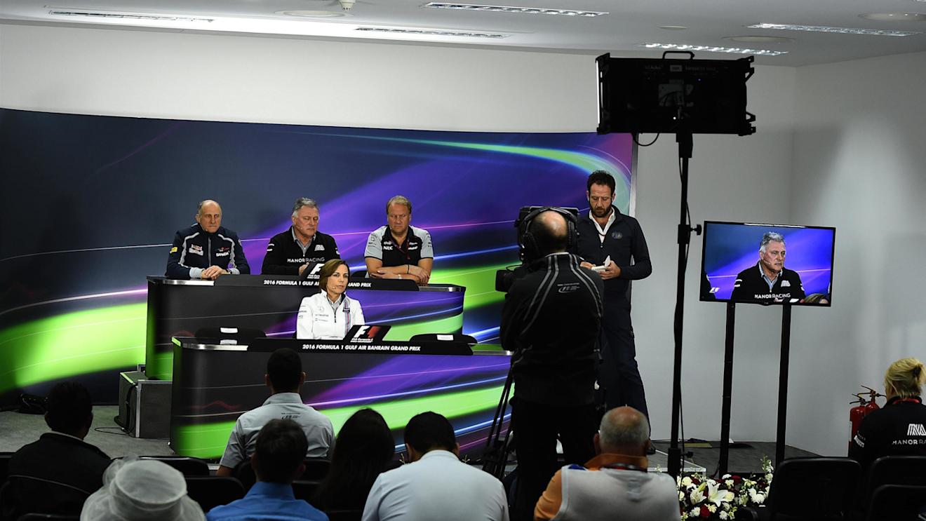 (L to R): Franz Tost (AUT) Scuderia Toro Rosso Team Principal, Dave Ryan (GBR) Manor Racing Racing Director, Robert Fearnley (GBR) Force India F1 Team Deputy Team Principal and Claire Williams (GBR) Williams Deputy Team Principal in the Press Conference at Formula One World Championship, Rd2, Bahrain Grand Prix Practice, Bahrain International Circuit, Sakhir, Bahrain, Friday 1 April 2016. © Sutton Motorsport Images