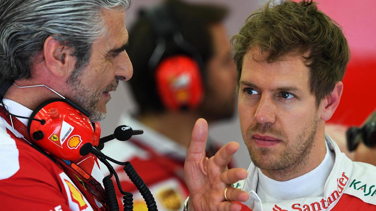 Maurizio Arrivabene (ITA) Ferrari Team Principal and Sebastian Vettel (GER) Ferrari at Formula One World Championship, Rd2, Bahrain Grand Prix Practice, Bahrain International Circuit, Sakhir, Bahrain, Friday 1 April 2016. © Sutton Motorsport Images